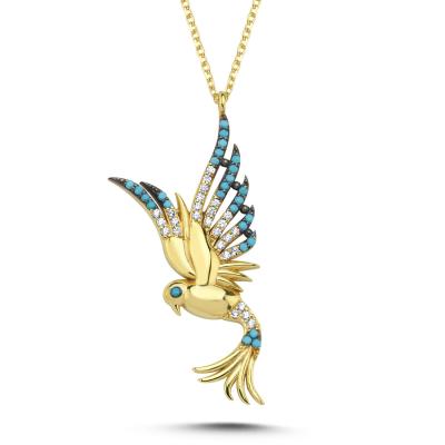 Prenses Mavi Taşlı Anka Kuşu Altın Kaplama Kolye