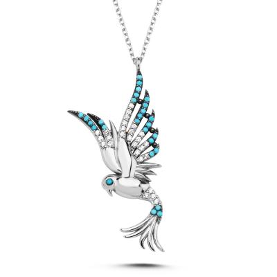 Prenses Mavi Taşlı Anka Kuşu Gümüş Kolye 