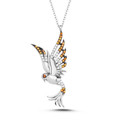 Prenses Turuncu Taşlı Anka Kuşu Gümüş Kolye 