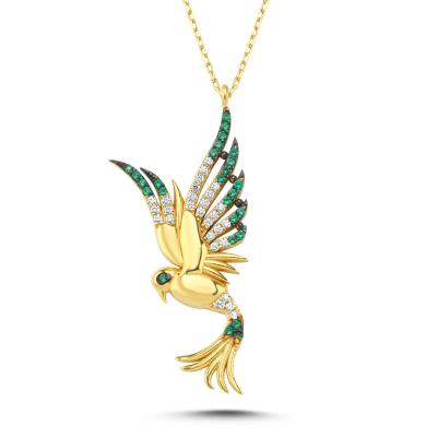 Prenses Yeşil Taşlı Anka Kuşu Altın Kaplama Kolye 