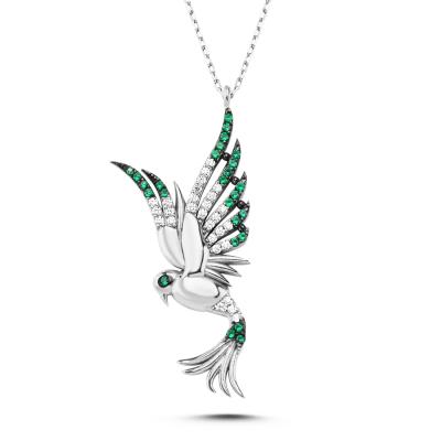 Prenses Yeşil Taşlı Anka Kuşu Gümüş Kolye 
