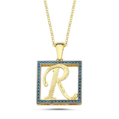 R Harfli  Mavi Taşlı 14 Ayar Altın Kaplama Kolye