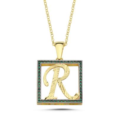 R Harfli  Yeşil Taşlı 14 Ayar Altın Kaplama Kolye