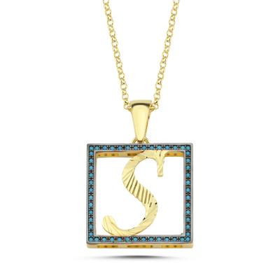 S Harfli  Mavi Taşlı 14 Ayar Altın Kaplama Kolye