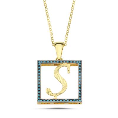 Ş Harfli  Mavi Taşlı 14 Ayar Altın Kaplama Kolye