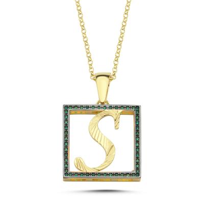 S Harfli  Yeşil Taşlı 14 Ayar Altın Kaplama Kolyee