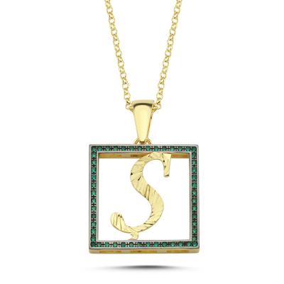 Ş Harfli  Yeşil Taşlı 14 Ayar Altın Kaplama Kolyee