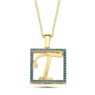 T Harfli  Mavi Taşlı 14 Ayar Altın Kaplama Kolye