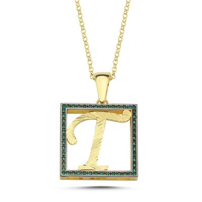 T Harfli  Yeşil Taşlı 14 Ayar Altın Kaplama Kolye