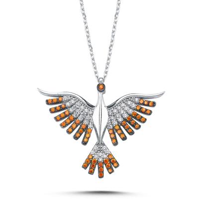 Turuncu Taşlı Anka Kuşu Gümüş Kolye