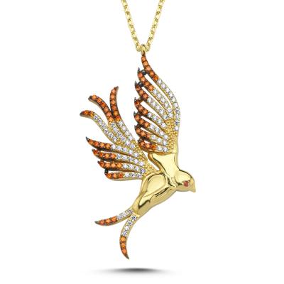 Turuncu Taşlı Hüma Kuşu Altın Kaplama Kolye