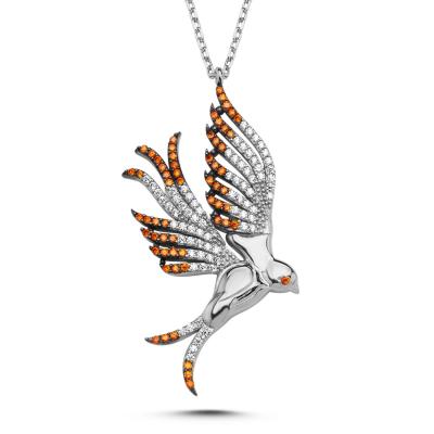 Turuncu Taşlı Hüma Kuşu Gümüş Kolye