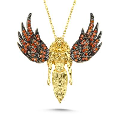 Turuncu Taşlı Melek Altın Kaplama Kolye