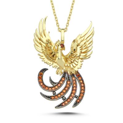 Turuncu Taşlı Simurg Altın Kaplama Kolye