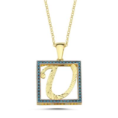 U Harfli  Mavi Taşlı 14 Ayar Altın Kaplama Kolye