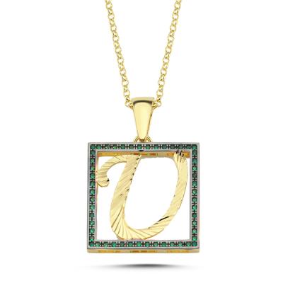 U Harfli  Yeşil Taşlı 14 Ayar Altın Kaplama Kolyee