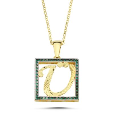 Ü Harfli  Yeşil Taşlı 14 Ayar Altın Kaplama Kolyee