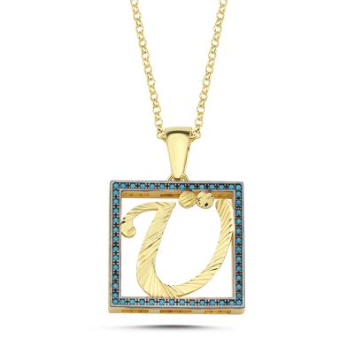 Ü Harfli  Mavi Taşlı 14 Ayar Altın Kaplama Kolye