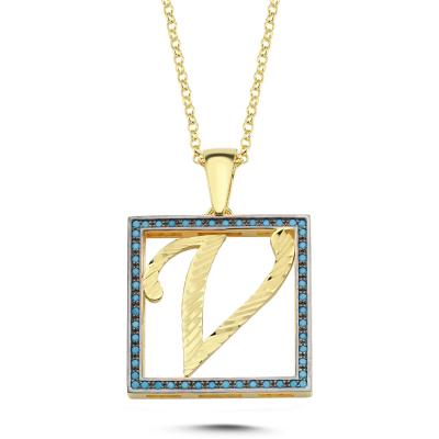 V Harfli  Mavi Taşlı 14 Ayar Altın Kaplama Kolye