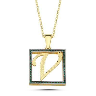 V Harfli  Yeşil Taşlı 14 Ayar Altın Kaplama Kolyee