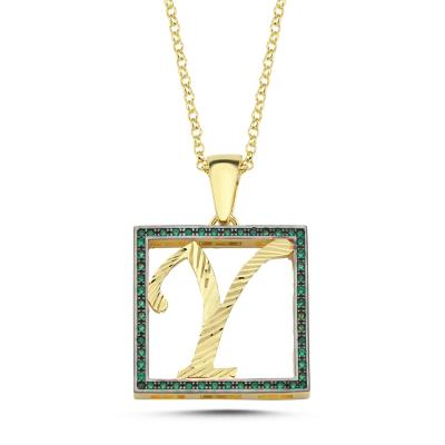 Y Harfli  Yeşil Taşlı 14 Ayar Altın Kaplama Kolyee
