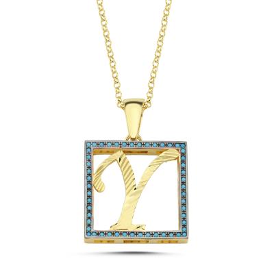Y Harfli  Mavi Taşlı 14 Ayar Altın Kaplama Kolye