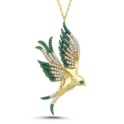 Yeşil Taşlı Hüma Kuşu Altın Kaplama Kolyee