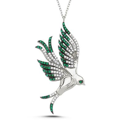 Yeşil Taşlı Hüma Kuşu Gümüş Kolye