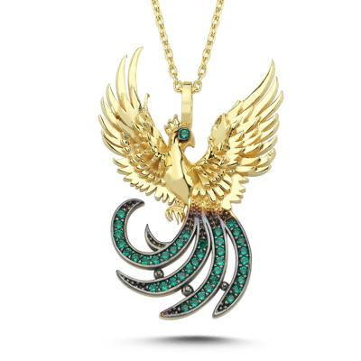 Yeşil Taşlı Simurg Altın Kaplama Kolye