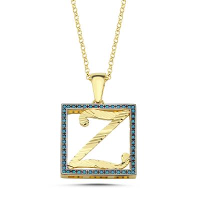 Z Harfli  MAvi Taşlı 14 Ayar Altın Kaplama Kolye