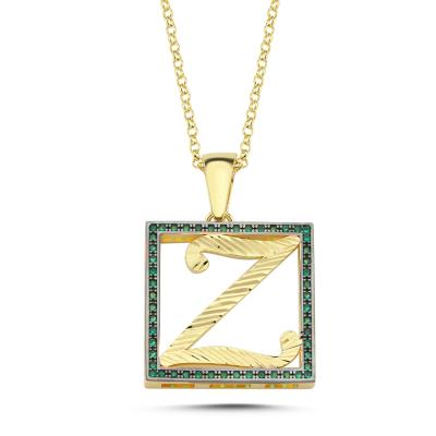 Z Harfli  Yeşil Taşlı 14 Ayar Altın Kaplama Kolye