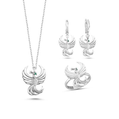 Anka Kuşu Beyaz Altın Kaplama Gümüş Takım TKM3001