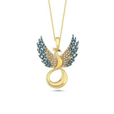 Anka Kuşu Firuze Taşlı Altın Kaplama Gümüş Kolye 6007
