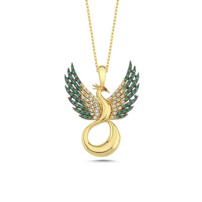 Anka Kuşu Yeşil Taşlı Altın Kaplama Gümüş Kolye 6005