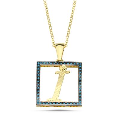i Harfi   Mavi Taşlı 14 Ayar Altın Kaplama Kolye