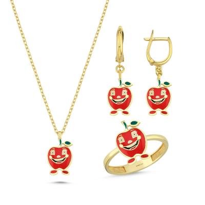 Kırmızı Elma Altın Kaplama Gümüş Takım 1061