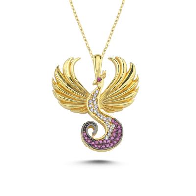 Sonsuz Anka Kuşu Fuşya Taşlı Altın Kaplama Gümüş Kolye YF574