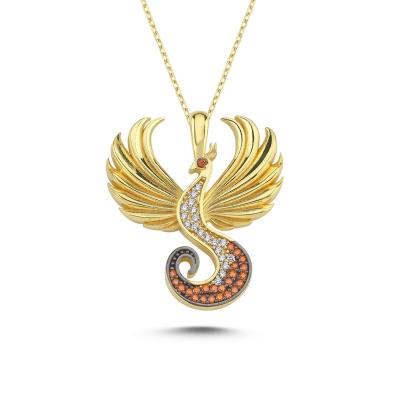 Sonsuz Anka Kuşu Turuncu Taşlı Altın Kaplama Gümüş Kolye SM298