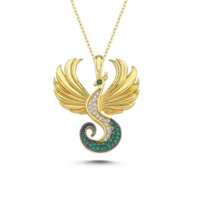 Sonsuz Anka Kuşu Yeşil Taşlı Altın Kaplama Gümüş Kolye KM297