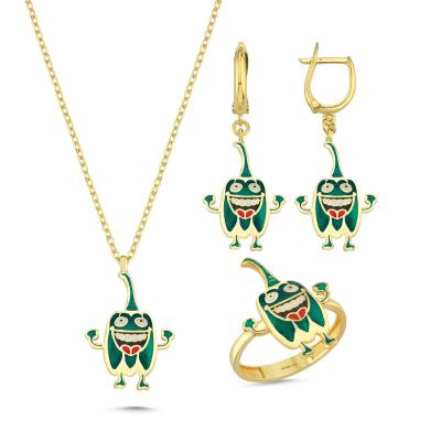 Yeşil Dolmalık Biber Altın Kaplama Gümüş Takım 1021