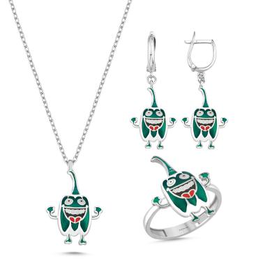 Yeşil Dolmalık Biber Rodyum Kaplama Gümüş Takım 1022